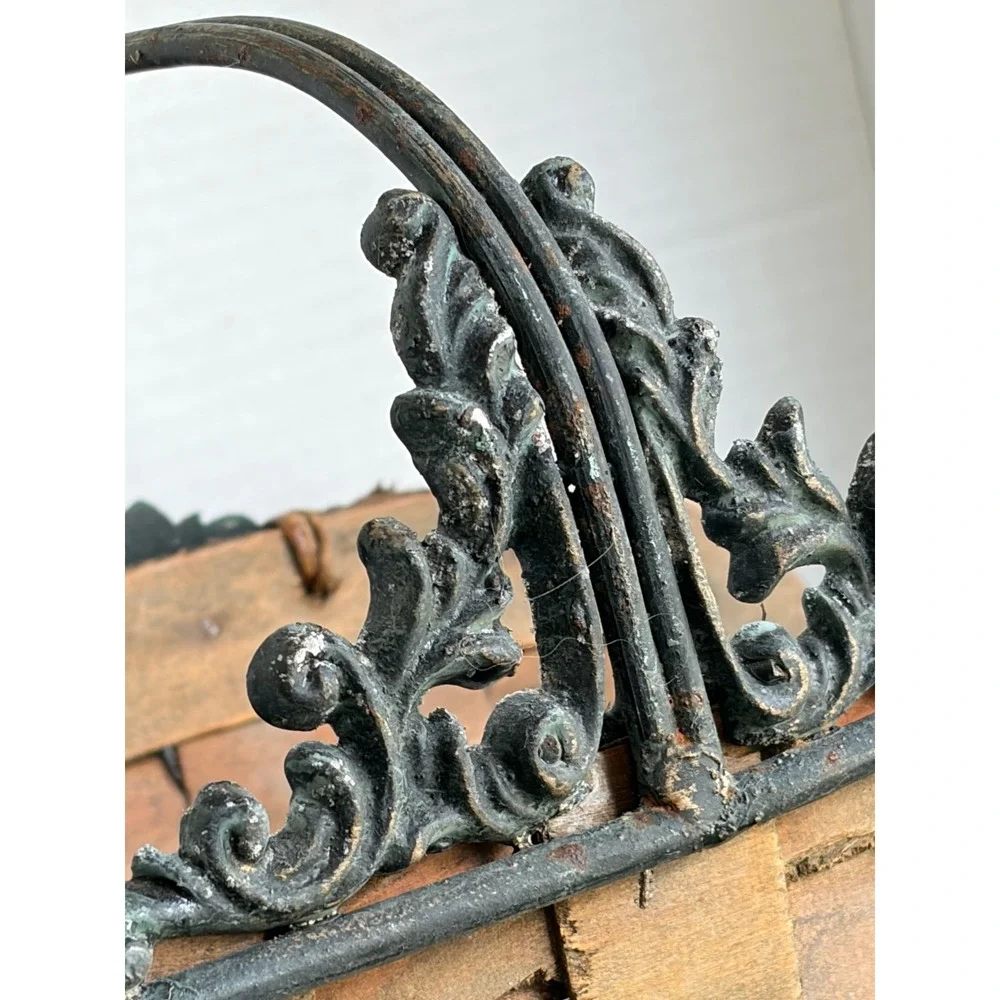 Vintage Woven Wood Splint Log Basket Wrought Iron Scrolled Frame Hearth Holder